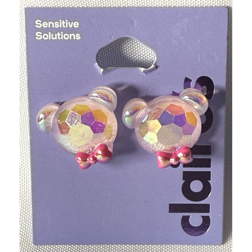 Claire's Holographic Teddy Bear Stud Earrings Pink NWT
